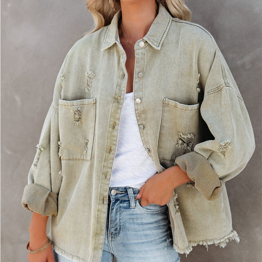Damen Oversized Denim-Bluse mit Fransen EB