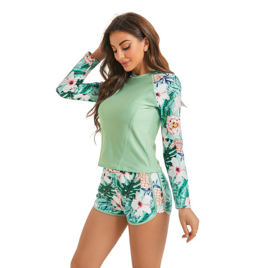 Damen Surfanzug-Set mit langärmeliger Oberteil und modischem Blumenmuster EB