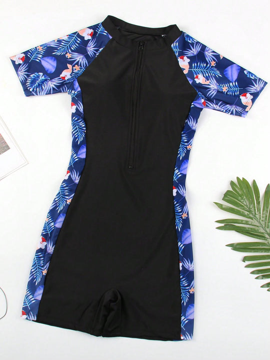 Damen sportlicher Neoprenanzug mit kurzem Arm und floralem Design EB