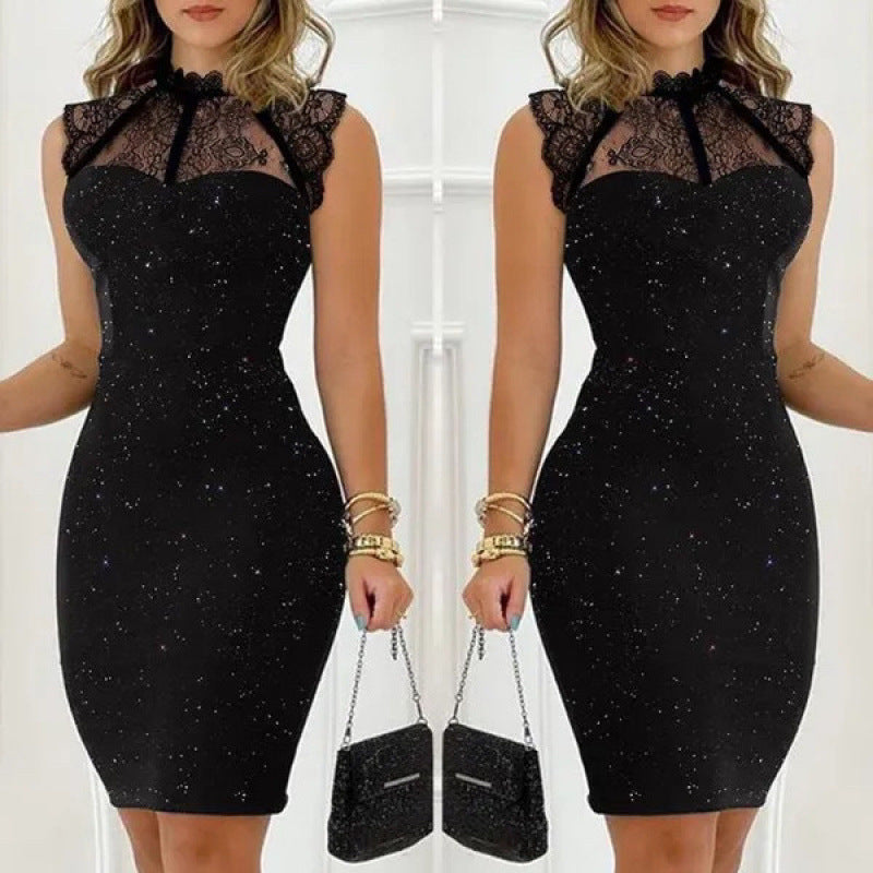 Damen Abendkleid mit exklusivem Spitzenkragen und schimmernden Akzenten EB
