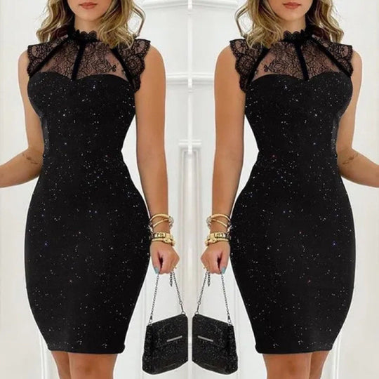 Damen Abendkleid mit exklusivem Spitzenkragen und schimmernden Akzenten EB