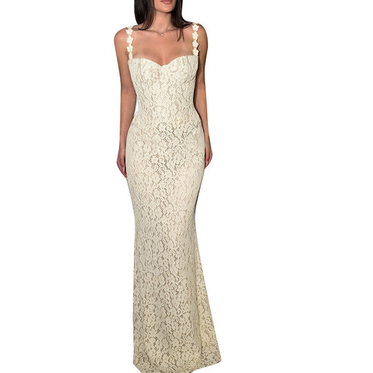 Damen Elegantes Spitzen-Spaghettiträgerkleid mit femininer Silhouette EB