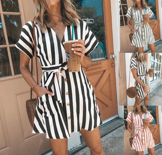 Damen Wickelkleid im modernen Streifenlook mit praktischer Knopfleiste und Taillengürtel EB