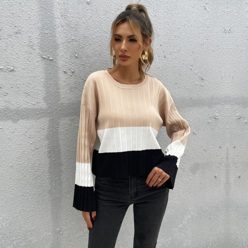 Damen Strickpullover mit modischem Blockstreifen-Design und weiten Ärmeln EB
