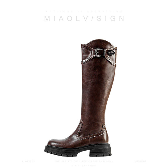 Damen elegante hohe Stiefel mit dekorativen Nieten und robustem Blockabsatz EB