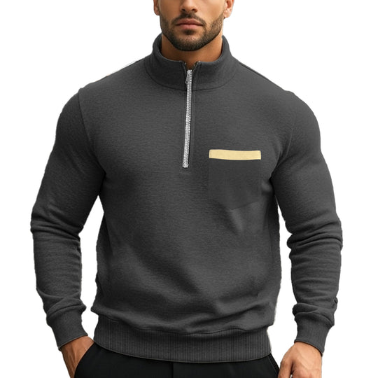 Herren Sportlicher Pullover mit halbem Reißverschluss und Kontrastbrusttasche EB
