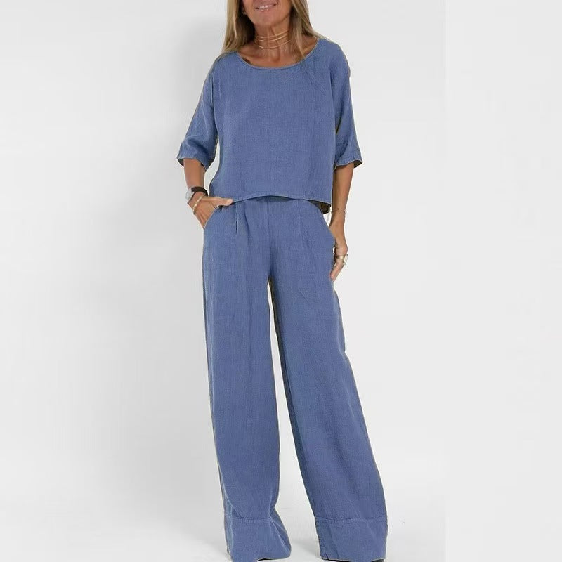 Damen luftiges Leinen-Ensemble mit weitem Schnitt und praktischen Taschen EB