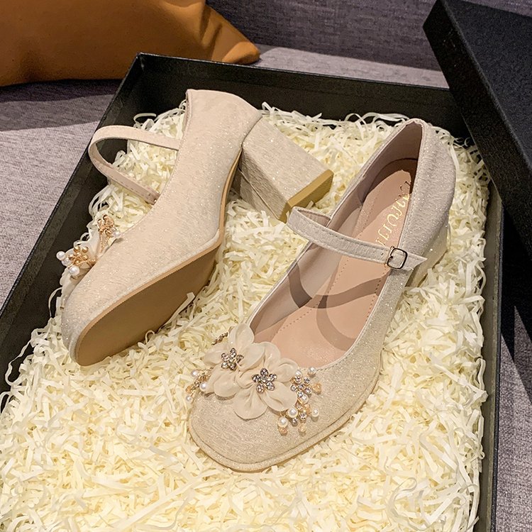 Damen elegante Mary Jane Pumps mit Blumendetails EB