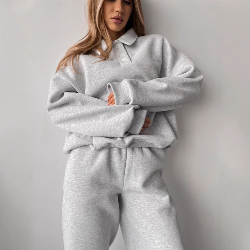 Damen Casual-Set aus schwerem French-Terry mit Polokragen-Cropped-Sweater und weitem High-Waist-Sweathose EB