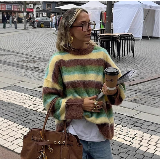Damen Oversized Strickpullover mit farbenfrohen Streifen EB