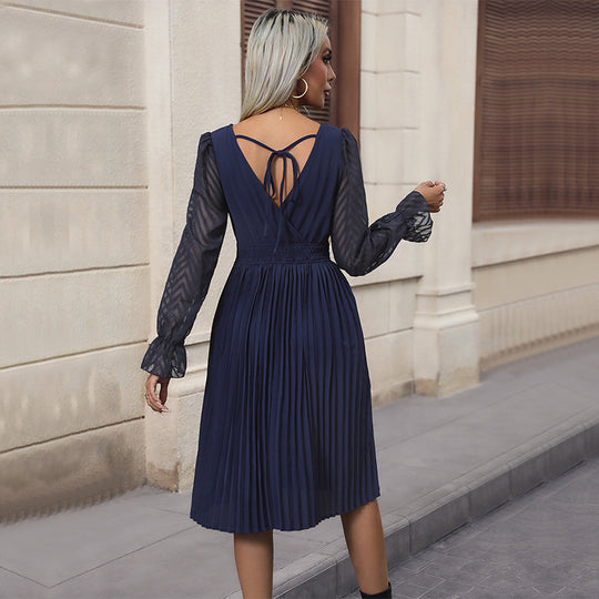 Damen Plissiertes Midi-Kleid mit Transparent em Spitzenärmeln und eleganter Taillierung EB