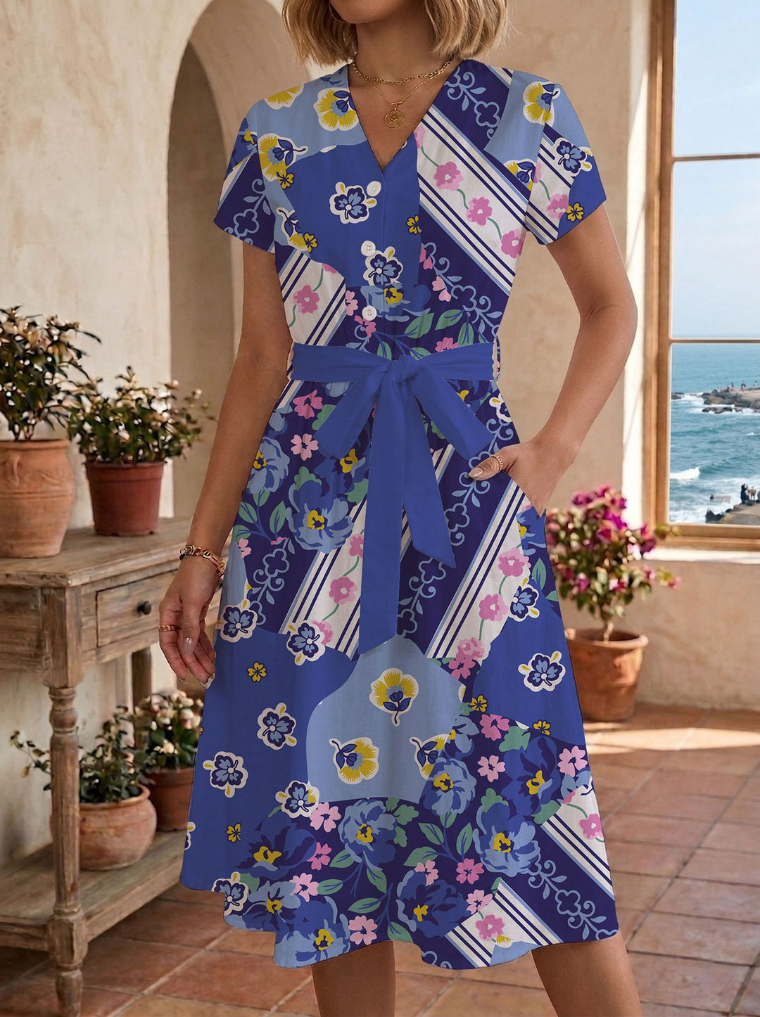 Damen Sommerliches Kleid mit taillierbarem Bindegürtel und floralem Muster EB