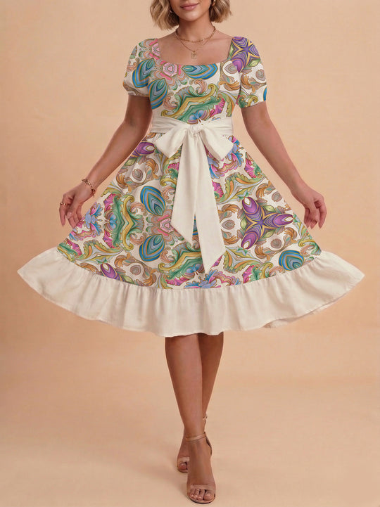 Damen elegantes Maxikleid mit floralem Design und Taillengürtel EB