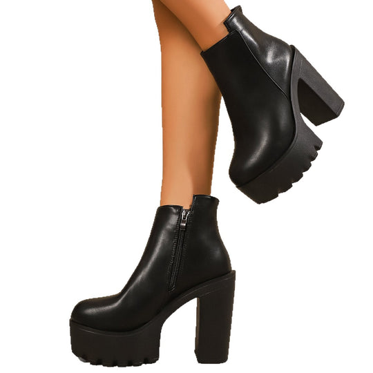Damen Modische Plateau Stiefeletten mit markantem Blockabsatz und Reißverschluss EB