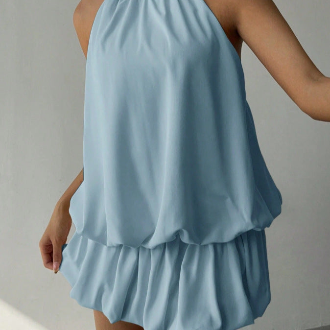 Damen sommerliches Minikleid mit haltem Kragen und asymmetrischem Design EB
