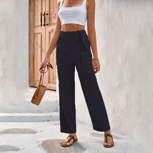 Damen Weitgeschnittene Sommerhose mit elastischem Bund und bindbarem Gürtel EB