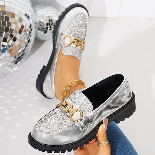 Damen Modische Loafer mit Glitzerdetail und metallischem Akzent EB