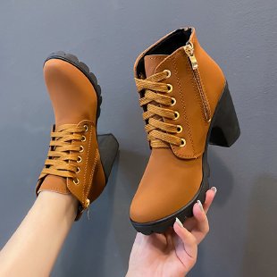 Damen Modische Stiefeletten mit trendigem Schnürung und stabilen Blockabsatz EB