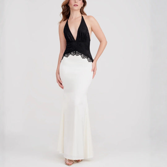 Damen Schickes Maxikleid mit Spitzenoberteil und V-Ausschnitt EB
