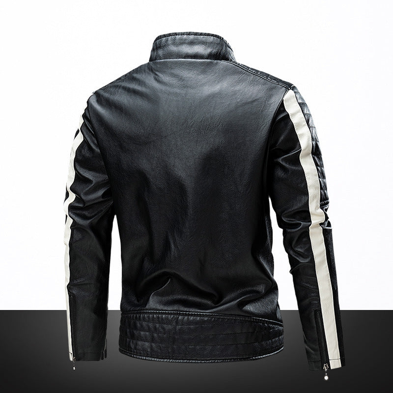 Herren Biker-Lederjacke im Retro-Rennstil mit Stehkragen und Kontraststreifen EB