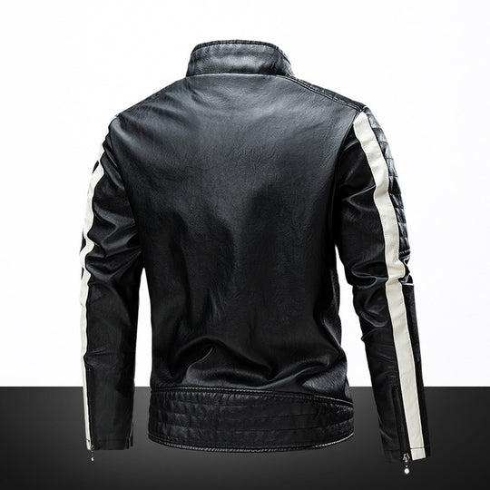 Herren Biker-Lederjacke im Retro-Rennstil mit Stehkragen und Kontraststreifen EB