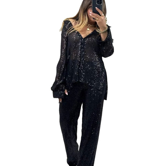 Damen Glitzerndes Lounge-Set mit langärmliger Bluse und weiten Hosen EB