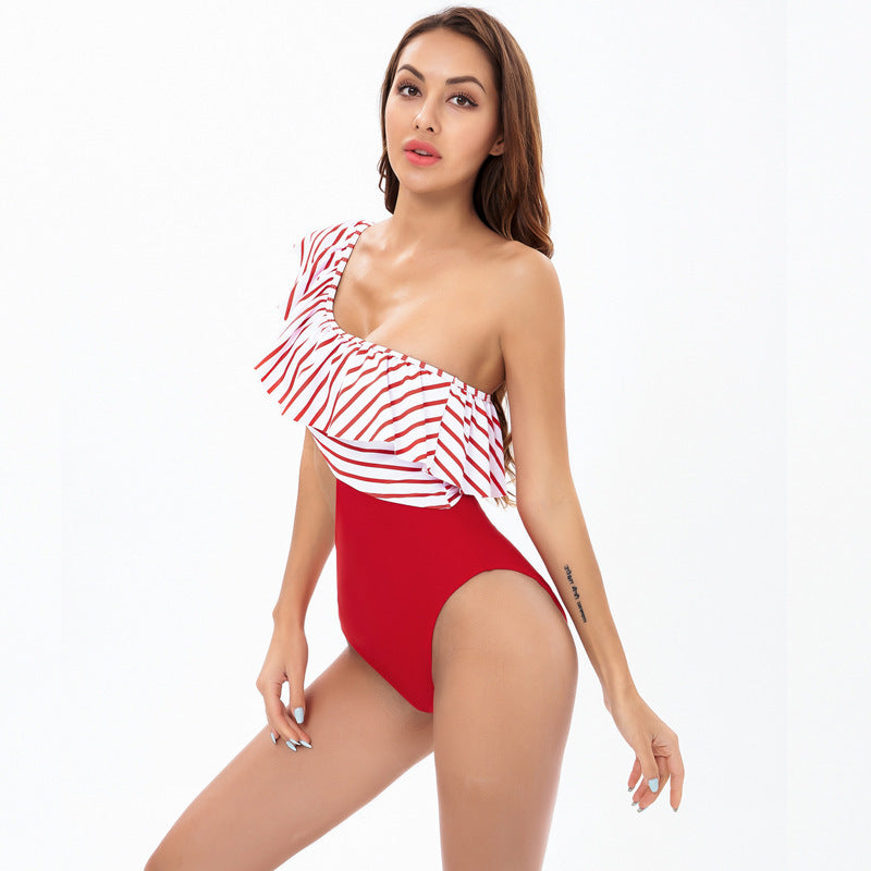 Damen Einteiler Badeanzug mit asymmetrischem Schnitt und raffinierten Rüschendetails EB