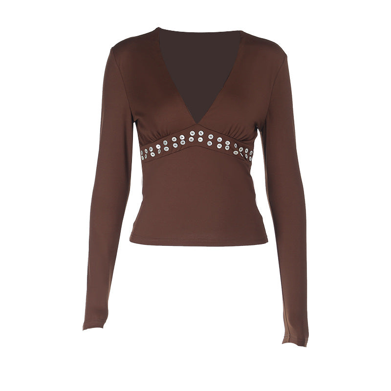 Damen elegantes Langarm-Top mit tiefem V-Ausschnitt und dekorativen Nieten EB