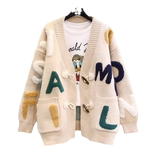 Damen Grobstrick-Cardigan mit bunten Applikationen und großen Taschen EB