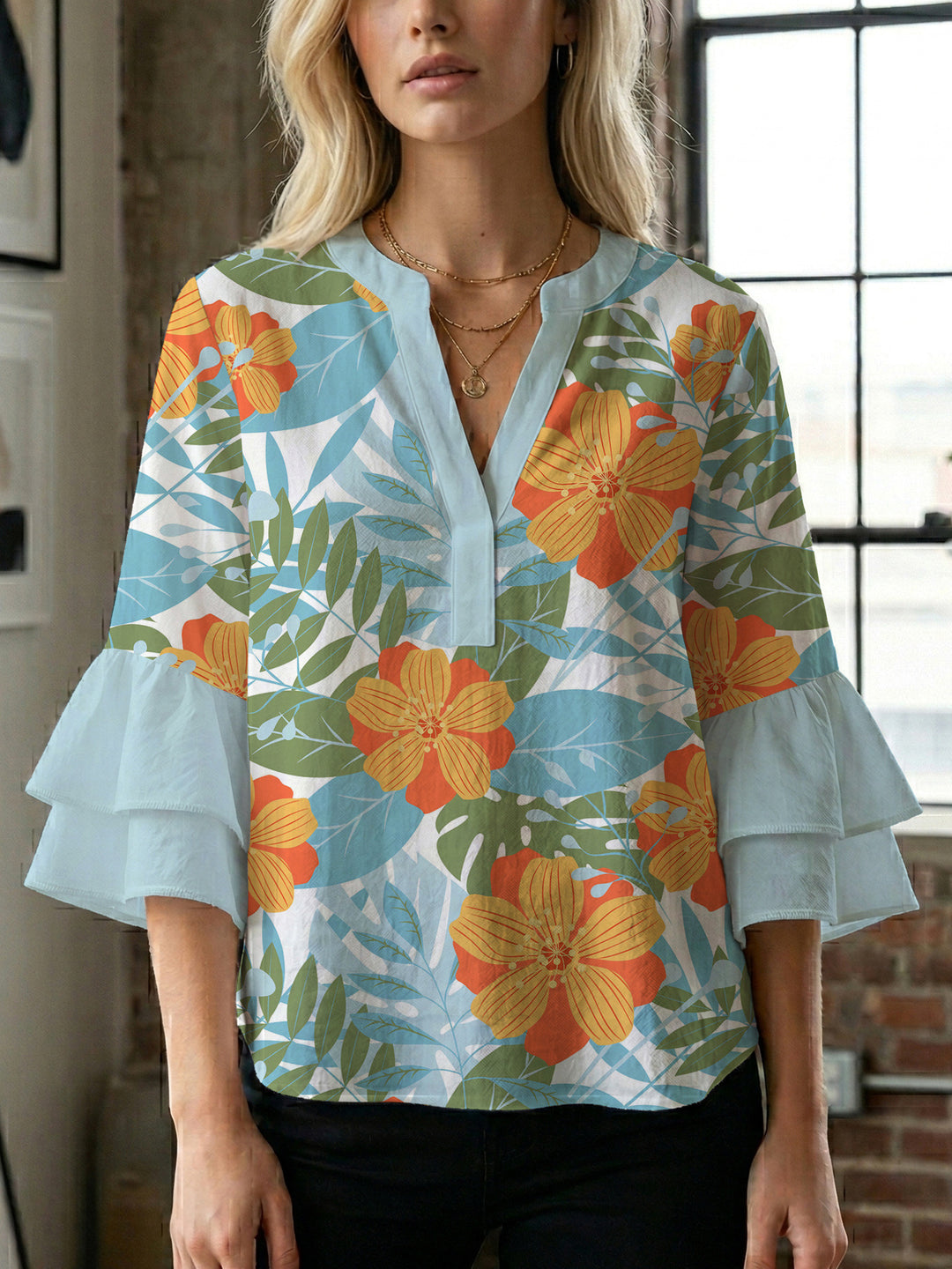 Damen elegantes Blusenshirt mit voluminösen Rüsenärmeln und grafischem Blumendesign EB