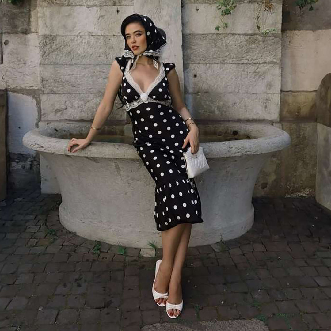 Damen Figurbetontes Polka-Dot Kleid mit Spitzenapplikation EB