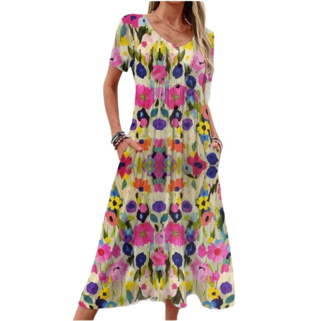 Damen Maxi-Kleid mit floralem Design und praktischen Taschen EB