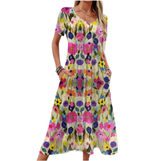 Damen Maxi-Kleid mit floralem Design und praktischen Taschen EB