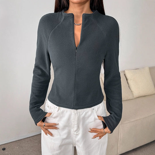 Damen sportlicher Fleece-Oberteil mit Stehkragen und Reißverschluss EB