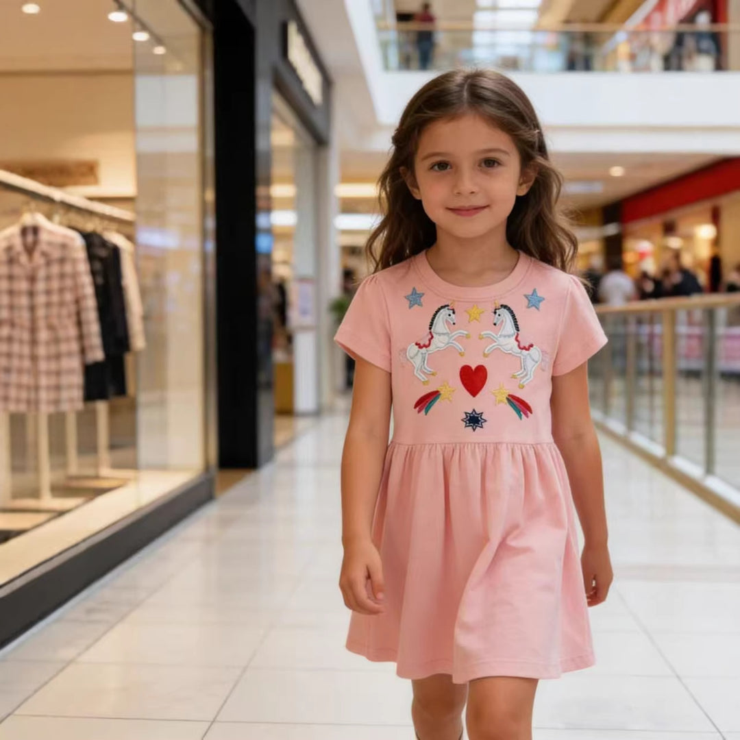 Mädchen Sommerkleid mit buntem Einhornmotiv und fröhlichen Applikationen EB