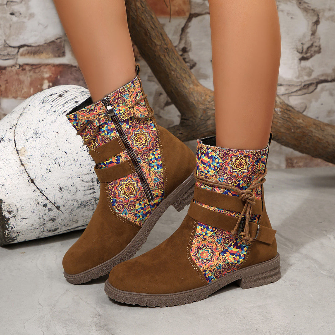 Damen nan knöchelhohe Velourslederoptik-Stiefelette mit Leopardenprint-Falte, seitlichem Reißverschluss und dekorativer Schnalle EB