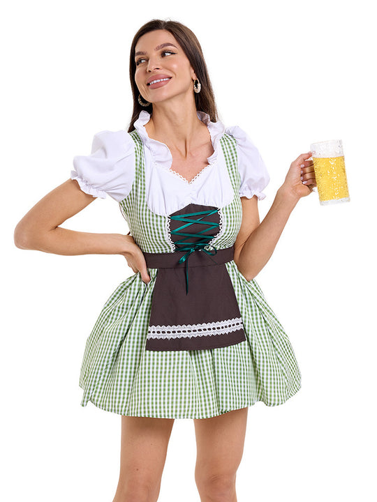 Damen nan kurzes kariertes Trachten Dirndl mit Schnürung Puffärmel und Schürze EB