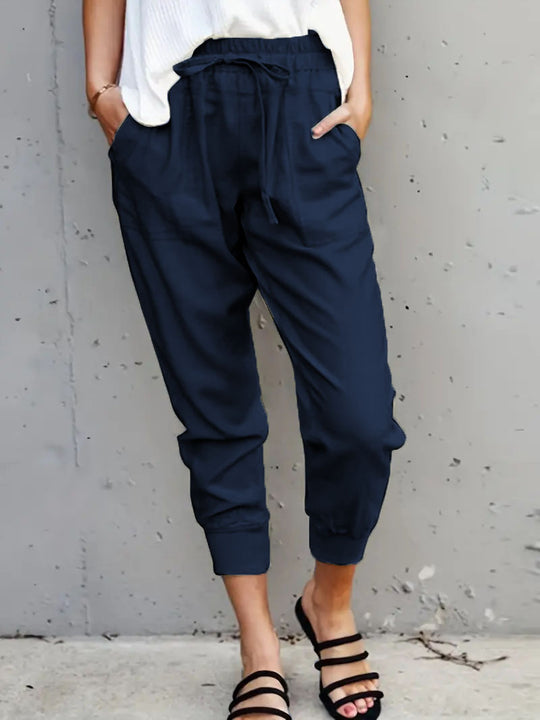 Damen nan lässige tapered Leinenhose mit elastischem Bund und Bündchen EB