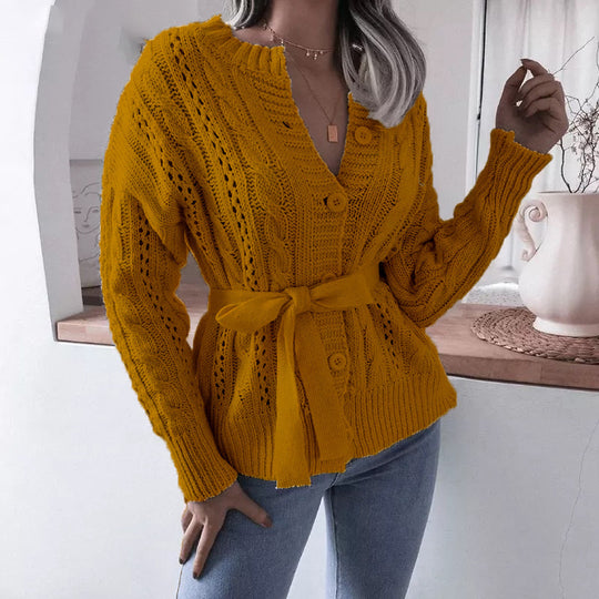 Damen Strickjacke mit Taillengürtel und raffinierten Lochmustern EB