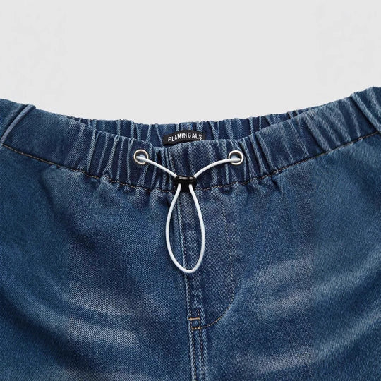 Damen Weite Denim-Hose mit elastischem Bund und hohen Taschen EB