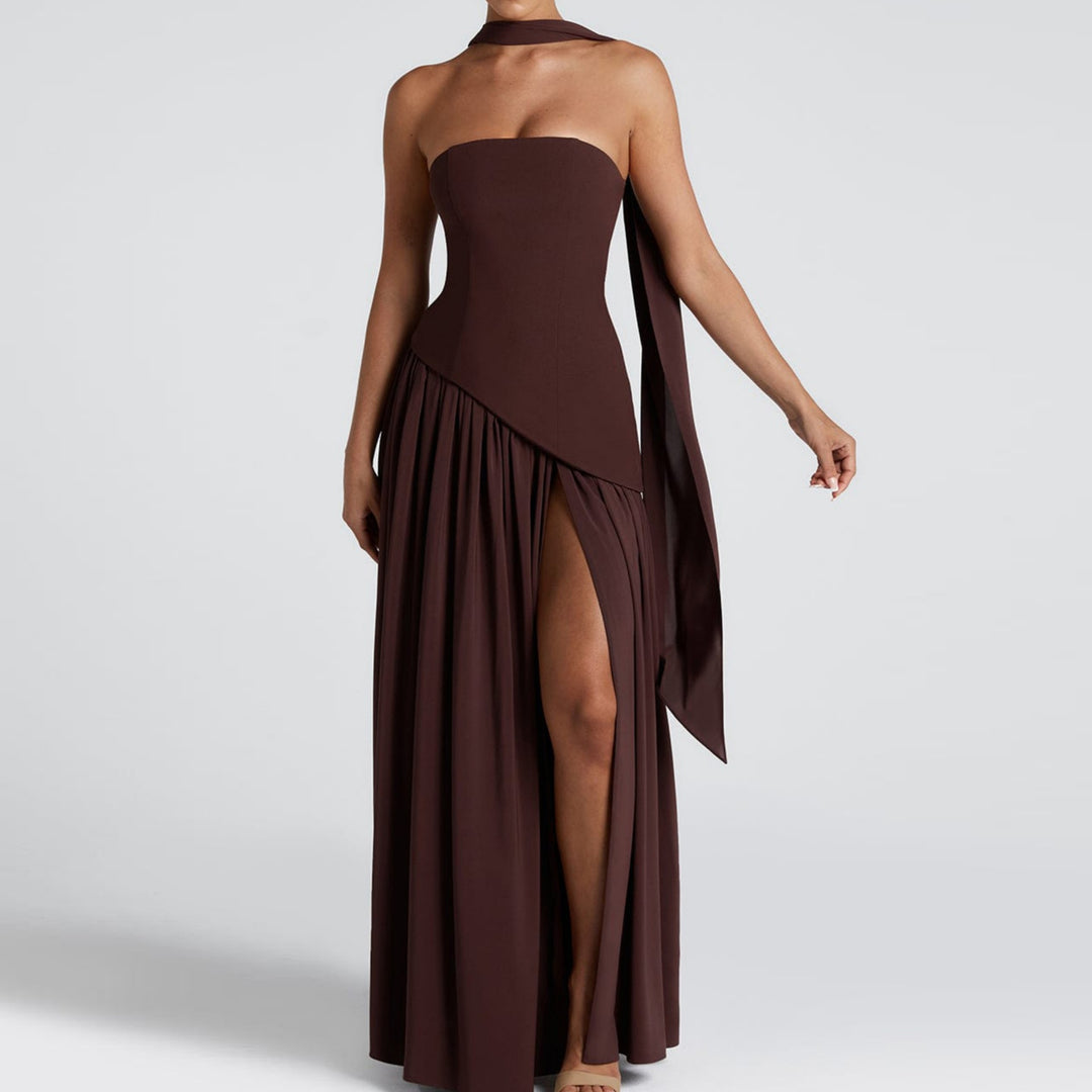 Damen Maxi-Kleid mit elegantem schulterfreiem Design und asymmetrischem Schnitt EB