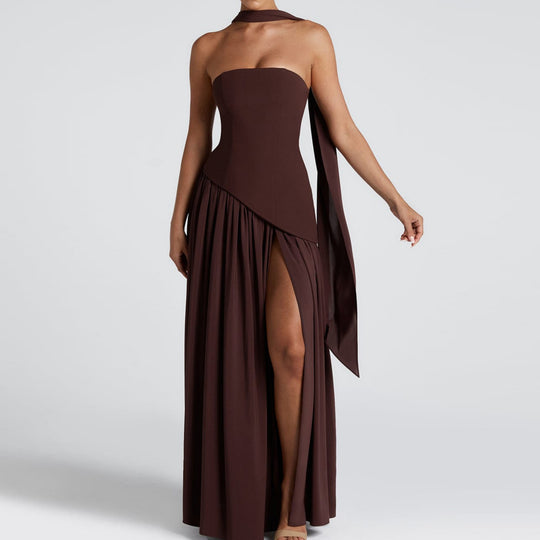 Damen Maxi-Kleid mit elegantem schulterfreiem Design und asymmetrischem Schnitt EB