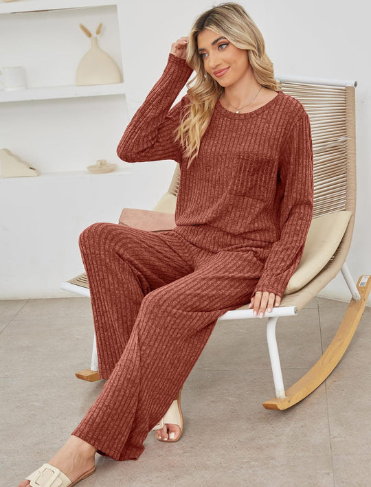 EB | Lounge Satz Strickrib Textur Lockere Passform Langärmliges Oberteil & Hose