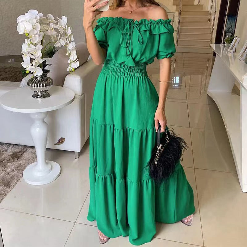 Damen Maxikleid mit Schulterfreiem Design und Voluminösen Rüschen EB