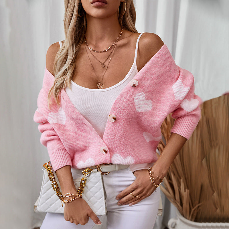 Damen modische Strickjacke mit Herzmotiven und Knöpfen EB