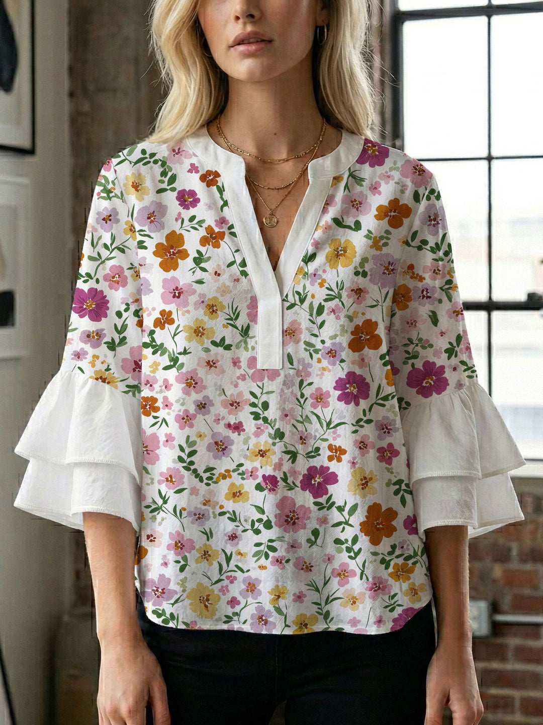 Damen Blusenshirt mit voluminösen Ärmeln und kreativem Druckdesign EB