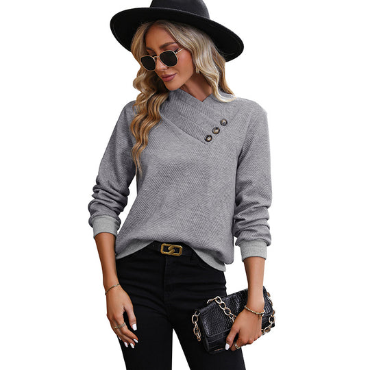 Damen eleganter Pullover mit asymmetrischem Ausschnitt und Knopfdetails EB