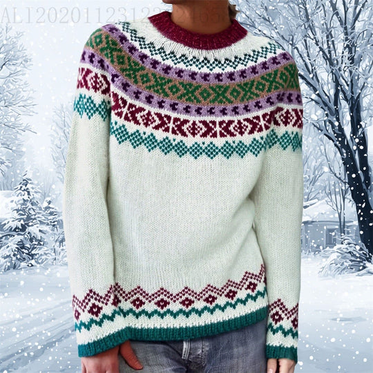 Damen nan melierter Rundhalsausschnittpullover mit kreisförmigem Jacquard-Yoke und geripptem Saum EB