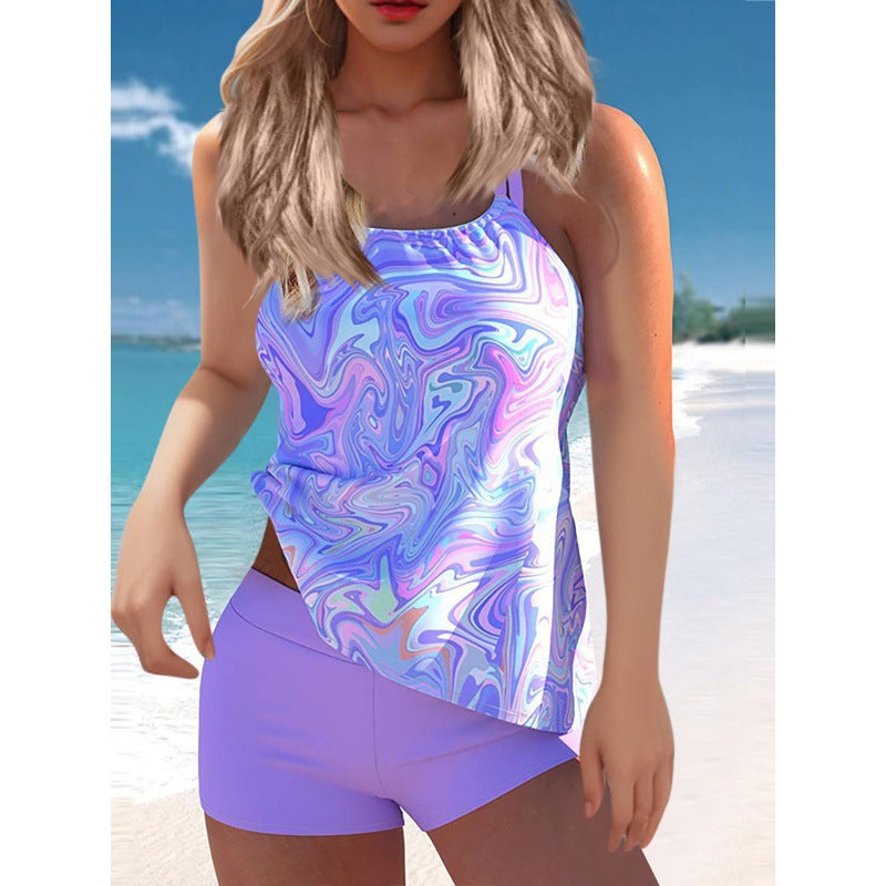 Damen Tankini-Set mit modischem Wasserfarben-Muster und integrierten Shorts EB