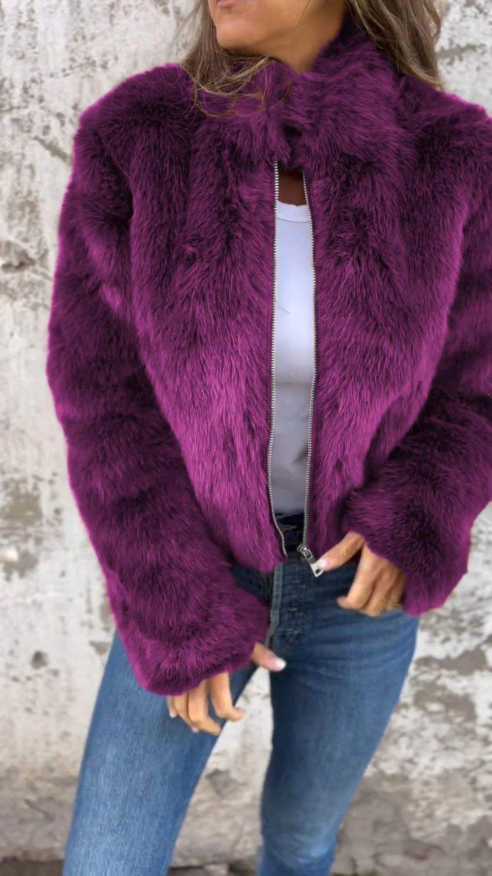 Damen kuschelige und modische Fleecejacke mit Stehkragen und Reißverschluss EB